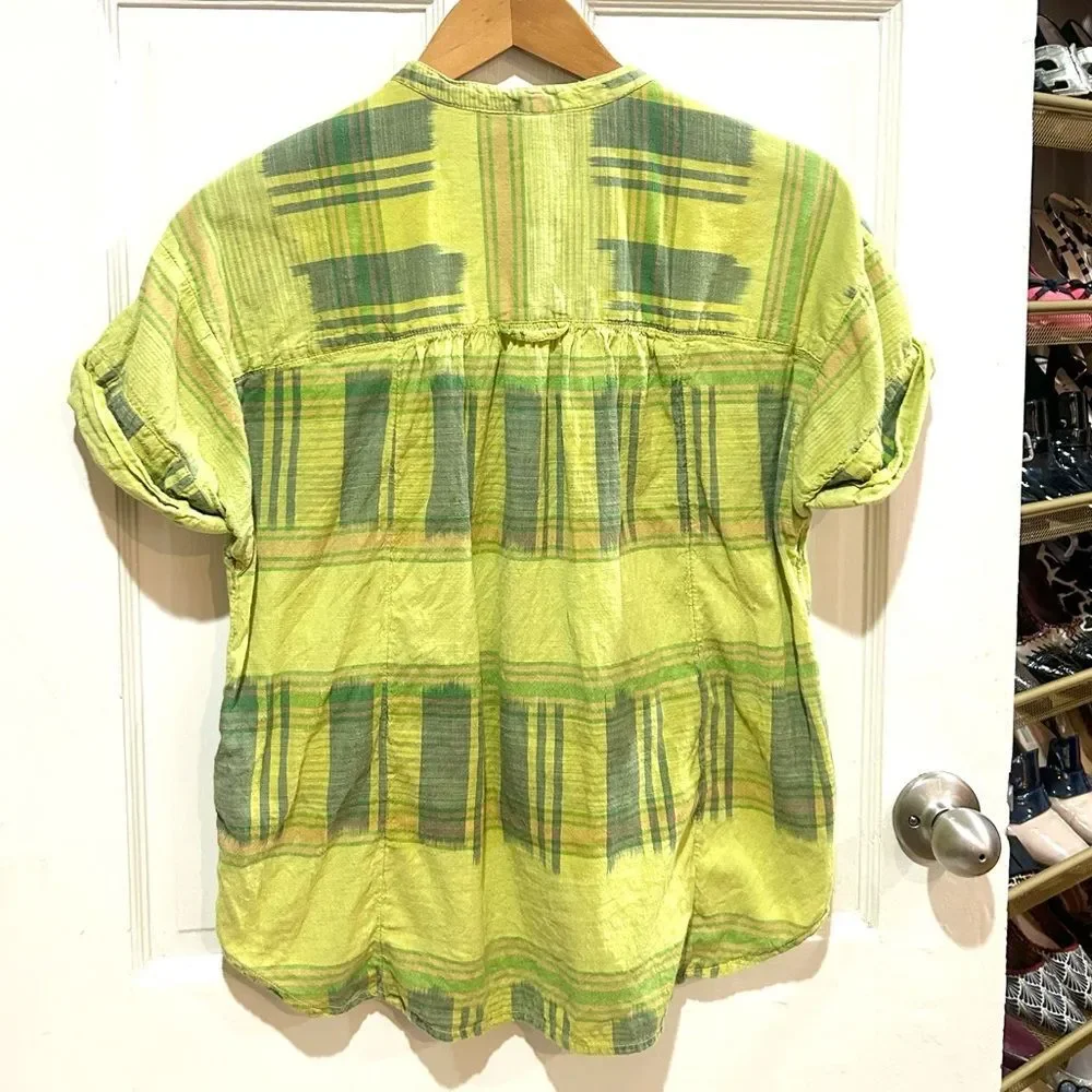 Anthropologie Pilcro The Hannah Green Plaid Surf Shirt Beach Boho Size M